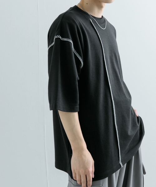 SENSE OF PLACE by URBAN RESEARCH(センスオブプレイスバイアーバンリサーチ)の「『ユニセックス』ブランケットステッチルーズTシャツ(5分袖)(Tシャツ/カットソー・メンズ・パープル/ホワイト/ブラック/グリーン・MEDIUM/LARGE)」の3枚目の写真