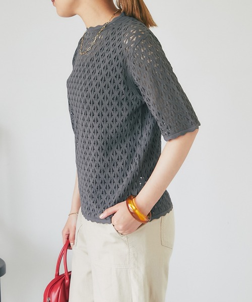 un dix cors（アンディコール）の「レース編み半袖プルオーバー（ニット/セーター・レディース・チャコールグレー/ライトグレー・FREE）」の7枚目の写真