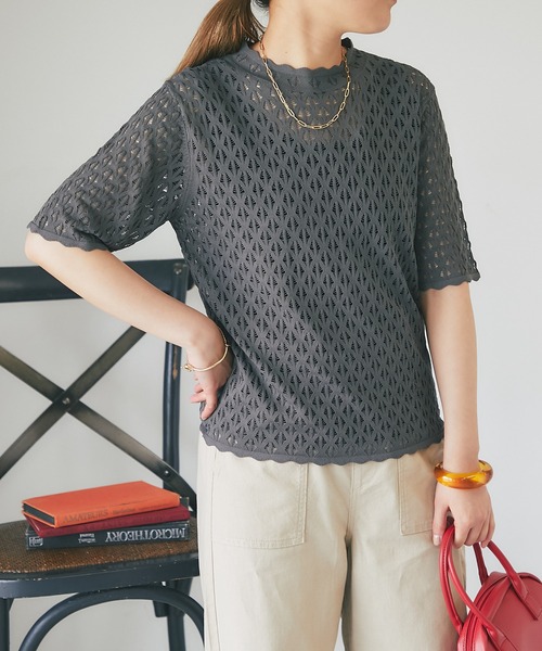 un dix cors（アンディコール）の「レース編み半袖プルオーバー（ニット/セーター・レディース・チャコールグレー/ライトグレー・FREE）」の5枚目の写真
