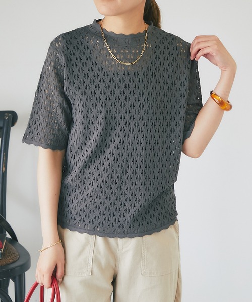 un dix cors（アンディコール）の「レース編み半袖プルオーバー（ニット/セーター・レディース・チャコールグレー/ライトグレー・FREE）」の8枚目の写真