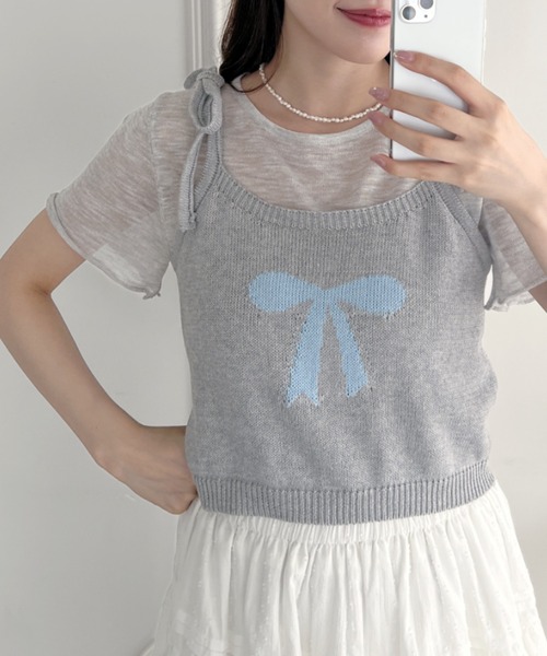 Loueme(ルエム)の「リボンキャミ+シアートップス2点SET(Tシャツ/カットソー・レディース・グレー/アイボリー/ライトブルー/ピンク・FREE)」の2枚目の写真