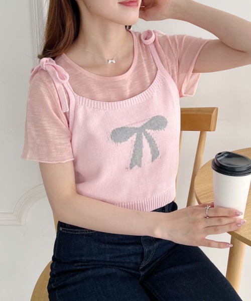 Loueme(ルエム)の「リボンキャミ+シアートップス2点SET(Tシャツ/カットソー・レディース・グレー/アイボリー/ライトブルー/ピンク・FREE)」の4枚目の写真