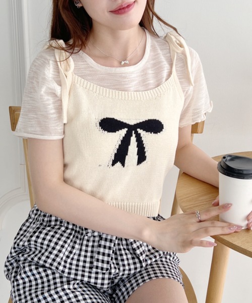 Loueme(ルエム)の「リボンキャミ+シアートップス2点SET(Tシャツ/カットソー・レディース・グレー/アイボリー/ライトブルー/ピンク・FREE)」の1枚目の写真