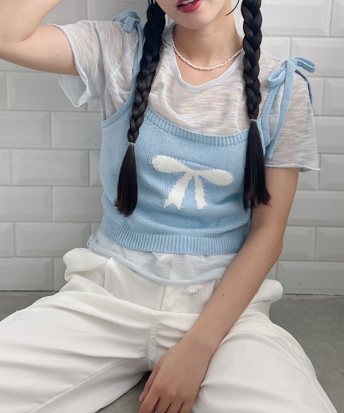 Loueme(ルエム)の「リボンキャミ+シアートップス2点SET(Tシャツ/カットソー・レディース・グレー/アイボリー/ライトブルー/ピンク・FREE)」の3枚目の写真