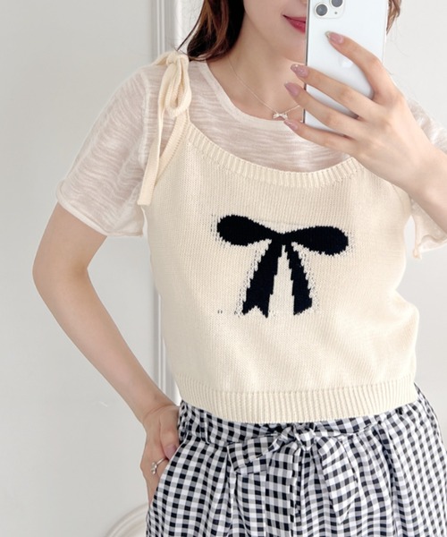 Loueme(ルエム)の「リボンキャミ+シアートップス2点SET(Tシャツ/カットソー・レディース・グレー/アイボリー/ライトブルー/ピンク・FREE)」の5枚目の写真