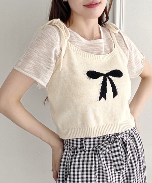Loueme(ルエム)の「リボンキャミ+シアートップス2点SET(Tシャツ/カットソー・レディース・グレー/アイボリー/ライトブルー/ピンク・FREE)」の6枚目の写真