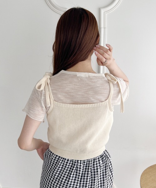 Loueme(ルエム)の「リボンキャミ+シアートップス2点SET(Tシャツ/カットソー・レディース・グレー/アイボリー/ライトブルー/ピンク・FREE)」の9枚目の写真
