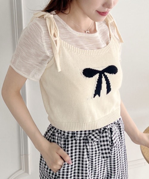 Loueme(ルエム)の「リボンキャミ+シアートップス2点SET(Tシャツ/カットソー・レディース・グレー/アイボリー/ライトブルー/ピンク・FREE)」の7枚目の写真