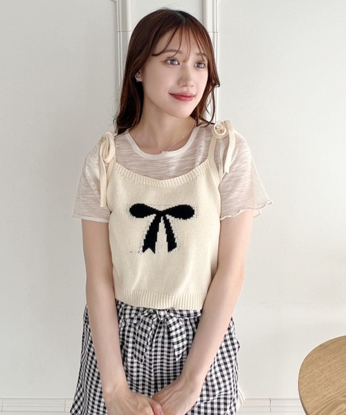 Loueme(ルエム)の「リボンキャミ+シアートップス2点SET(Tシャツ/カットソー・レディース・グレー/アイボリー/ライトブルー/ピンク・FREE)」の8枚目の写真