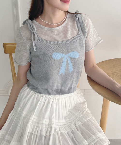 Loueme(ルエム)の「リボンキャミ+シアートップス2点SET(Tシャツ/カットソー・レディース・グレー/アイボリー/ライトブルー/ピンク・FREE)」の15枚目の写真
