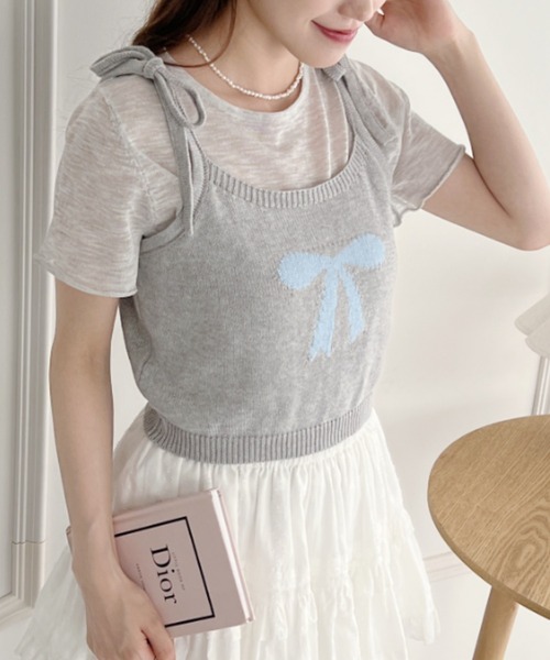 Loueme(ルエム)の「リボンキャミ+シアートップス2点SET(Tシャツ/カットソー・レディース・グレー/アイボリー/ライトブルー/ピンク・FREE)」の14枚目の写真