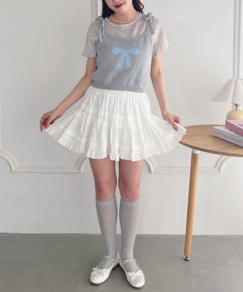 Loueme(ルエム)の「リボンキャミ+シアートップス2点SET(Tシャツ/カットソー・レディース・グレー/アイボリー/ライトブルー/ピンク・FREE)」の16枚目の写真