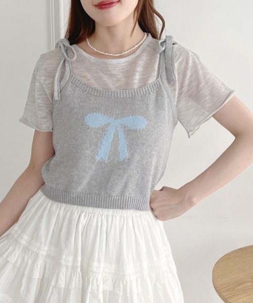 Loueme(ルエム)の「リボンキャミ+シアートップス2点SET(Tシャツ/カットソー・レディース・グレー/アイボリー/ライトブルー/ピンク・FREE)」の12枚目の写真