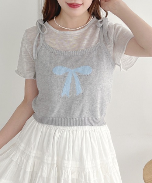Loueme(ルエム)の「リボンキャミ+シアートップス2点SET(Tシャツ/カットソー・レディース・グレー/アイボリー/ライトブルー/ピンク・FREE)」の13枚目の写真