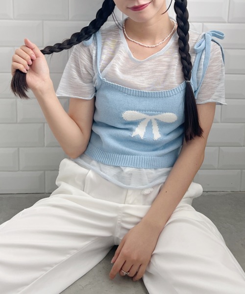 Loueme(ルエム)の「リボンキャミ+シアートップス2点SET(Tシャツ/カットソー・レディース・グレー/アイボリー/ライトブルー/ピンク・FREE)」の22枚目の写真