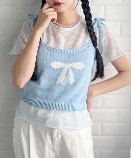 Loueme(ルエム)の「リボンキャミ+シアートップス2点SET(Tシャツ/カットソー・レディース・グレー/アイボリー/ライトブルー/ピンク・FREE)」の20枚目の写真