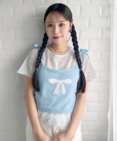 Loueme(ルエム)の「リボンキャミ+シアートップス2点SET(Tシャツ/カットソー・レディース・グレー/アイボリー/ライトブルー/ピンク・FREE)」の18枚目の写真
