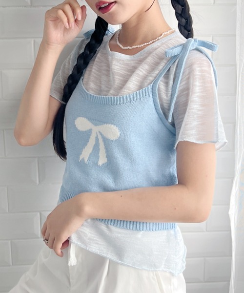 Loueme(ルエム)の「リボンキャミ+シアートップス2点SET(Tシャツ/カットソー・レディース・グレー/アイボリー/ライトブルー/ピンク・FREE)」の21枚目の写真