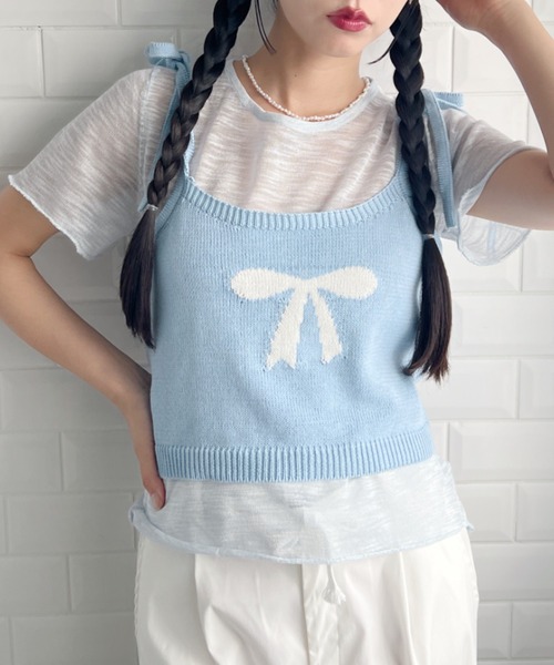 Loueme(ルエム)の「リボンキャミ+シアートップス2点SET(Tシャツ/カットソー・レディース・グレー/アイボリー/ライトブルー/ピンク・FREE)」の19枚目の写真
