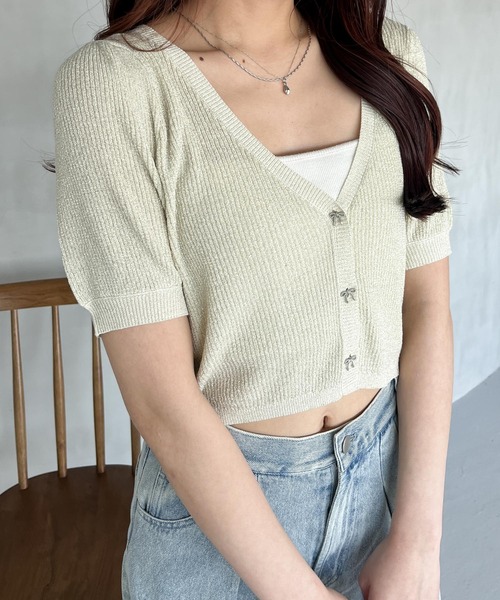 Heather(ヘザー)の「コンパクトラメリボンカーディガン 127462(カーディガン/ボレロ・レディース・グレー/オフホワイト/イエロー系その他・FREE)」の1枚目の写真