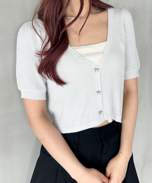 Heather(ヘザー)の「コンパクトラメリボンカーディガン 127462(カーディガン/ボレロ・レディース・グレー/オフホワイト/イエロー系その他・FREE)」の2枚目の写真