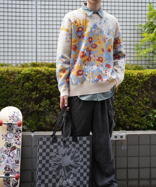 HOOK(フック)の「HOOK -original- マーガレット畑模様ニット(ニット/セーター・メンズ・パープル/ライトベージュ・L/M/XL)」の8枚目の写真