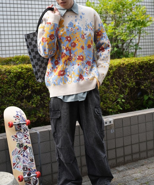 HOOK(フック)の「HOOK -original- マーガレット畑模様ニット(ニット/セーター・メンズ・パープル/ライトベージュ・L/M/XL)」の13枚目の写真