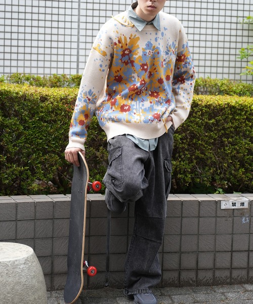 HOOK(フック)の「HOOK -original- マーガレット畑模様ニット(ニット/セーター・メンズ・パープル/ライトベージュ・L/M/XL)」の15枚目の写真