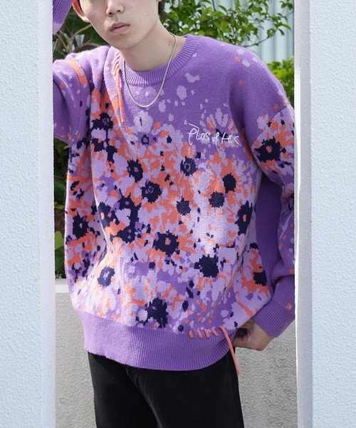 HOOK(フック)の「HOOK -original- マーガレット畑模様ニット(ニット/セーター・メンズ・パープル/ライトベージュ・L/M/XL)」の21枚目の写真