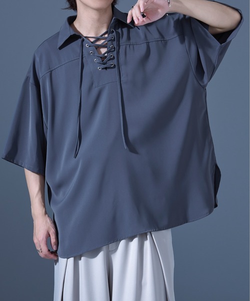 Ellno Loset(エルノロゼット)の「レースアップスキッパードレープシャツ(シャツ/ブラウス・メンズ・ブラック/ブルーグレー・LARGE/SMALL/MEDIUM)」の18枚目の写真