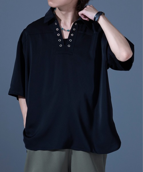 Ellno Loset(エルノロゼット)の「レースアップスキッパードレープシャツ(シャツ/ブラウス・メンズ・ブラック/ブルーグレー・LARGE/SMALL/MEDIUM)」の4枚目の写真