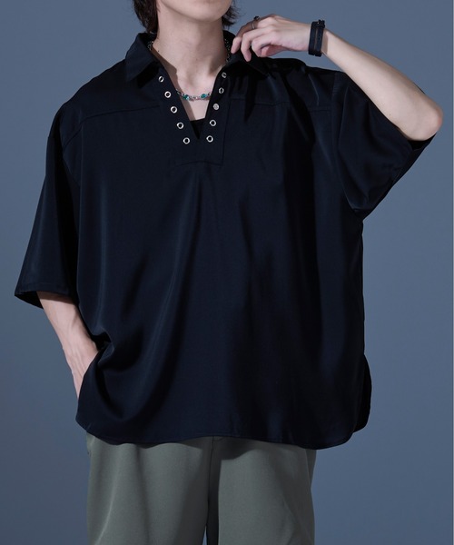 Ellno Loset(エルノロゼット)の「レースアップスキッパードレープシャツ(シャツ/ブラウス・メンズ・ブラック/ブルーグレー・LARGE/SMALL/MEDIUM)」の8枚目の写真