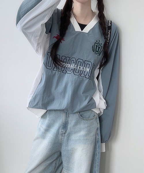 ユニフォーム配色ロンT/Vネックナイロンプルオーバー（Tシャツ