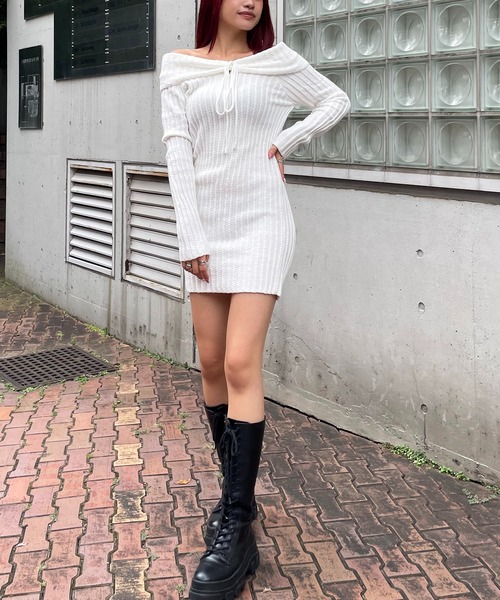 SPIRALGIRL(スパイラルガール)の「ツイストチョーカーリボンオフショルニットワンピース(ワンピース・レディース・オフホワイト/ブラック/グレー・FREE)」の7枚目の写真