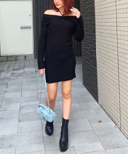 SPIRALGIRL(スパイラルガール)の「ツイストチョーカーリボンオフショルニットワンピース(ワンピース・レディース・オフホワイト/ブラック/グレー・FREE)」の16枚目の写真