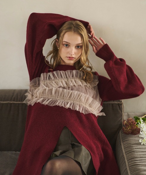 loin nuit(ロワンニュイ)の「tulle slit design knit / チュールスリットデザインニット(ニット/セーター・レディース・ボルドー/ブルー/グレー・FREE)」の5枚目の写真