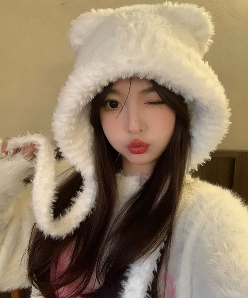 セール】耳付き シャギーニット フードキャップ ビーニー ニット帽