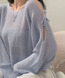 リボンオープンショルダー透かし編みクロップド丈ニットトップス