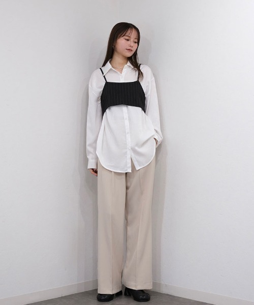 Reurie'（レウリィ）の「ダブルタックワイドストレートスラックス／double tuck wide straight slacks ロング丈 ベーシック きれいめ 大人カジュアル シンプル モード オフィスカジュアル（スラックス・レディース・アイボリー/ブラウン・S/M）」の2枚目の写真