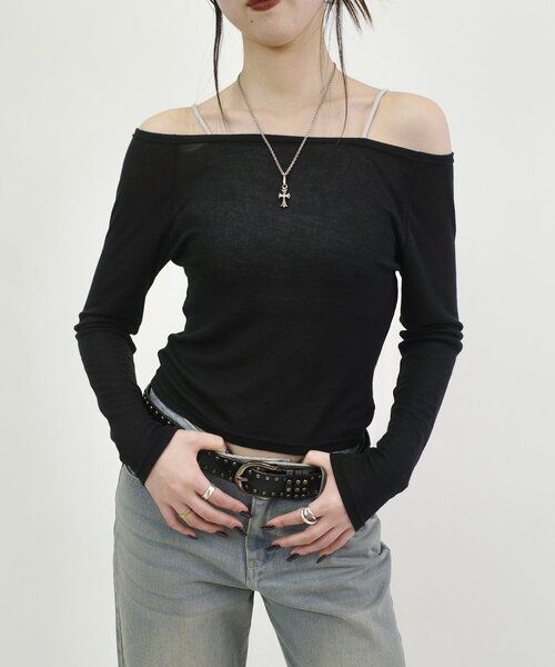WHO'S WHO gallery（フーズフーギャラリー）の「シアーワンオフショルトップス（Tシャツ/カットソー・レディース・ブラック/オフホワイト/グレー/ホワイト・FREE）」の14枚目の写真