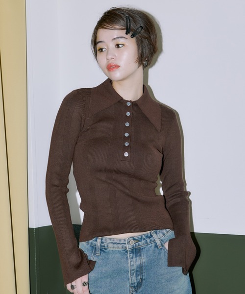 LIENCOEUR(リアンクール)の「ビッグカラーハーフボタンリブニット(ニット/セーター・レディース・ブラック/ブラウン/ミント・FREE)」の1枚目の写真