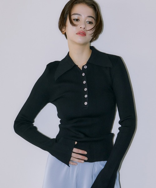 LIENCOEUR(リアンクール)の「ビッグカラーハーフボタンリブニット(ニット/セーター・レディース・ブラック/ブラウン/ミント・FREE)」の8枚目の写真