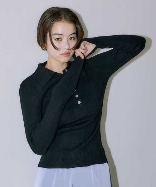 LIENCOEUR(リアンクール)の「ビッグカラーハーフボタンリブニット(ニット/セーター・レディース・ブラック/ブラウン/ミント・FREE)」の12枚目の写真