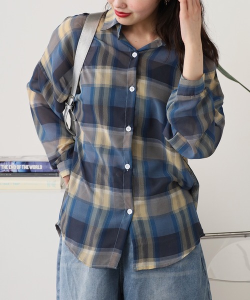 00s wishcore シアーホワイトチェック柄 パフスリーブブラウスPlaid 