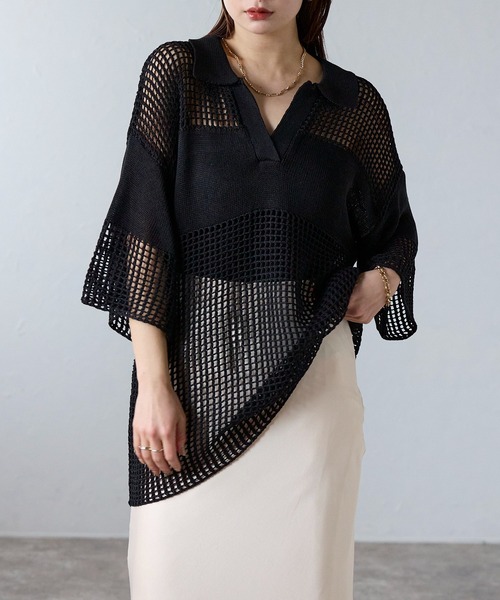 ニット セーター メッシュニットポロ レディース Spick＆Span ニット セーター メッシュポロシャツハーフスリーブ