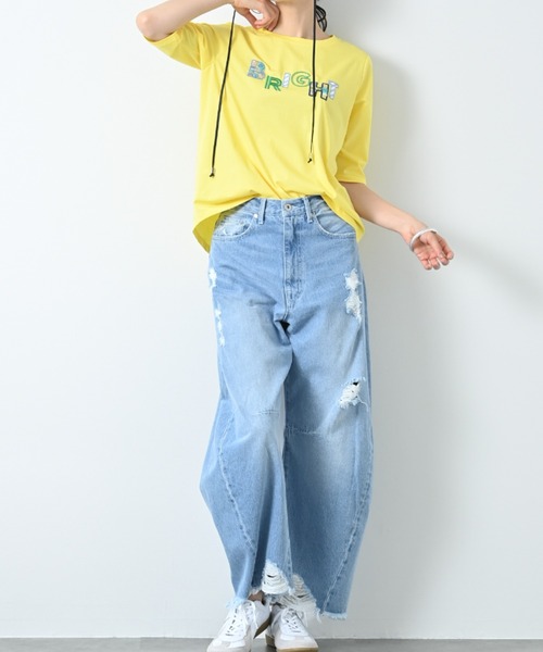 aunt lily(アントリリー)の「プリント&アップリケ5分袖Tシャツ|綿100% 綿混 着映え 春夏 大人かわいい(Tシャツ/カットソー・レディース・オフホワイト/イエロー/チャコール/ブラック/ネイビー・LL/L/M)」の12枚目の写真