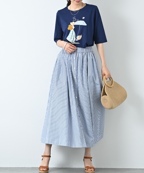 aunt lily(アントリリー)の「プリント&アップリケ5分袖Tシャツ|綿100% 綿混 着映え 春夏 大人かわいい(Tシャツ/カットソー・レディース・オフホワイト/イエロー/チャコール/ブラック/ネイビー・LL/L/M)」の16枚目の写真