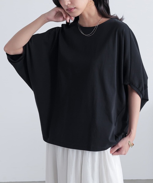 n'OrLABEL（ノアールレーベル）の「【吸湿冷感】ひんやりドルマン5分袖カットソー（Tシャツ/カットソー・レディース・チャコール/ブルー/オフホワイト/ブラック/コーラル・FREE）」の2枚目の写真