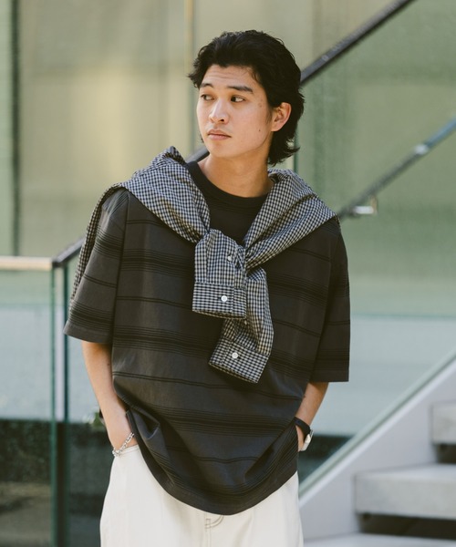 美品 クーティー オーバーサイズ ワイド ボックス ボーダー リブロンT シャツ セール】ピグメント/ボーダー柄オーバーサイズTシャツ（Tシャツ