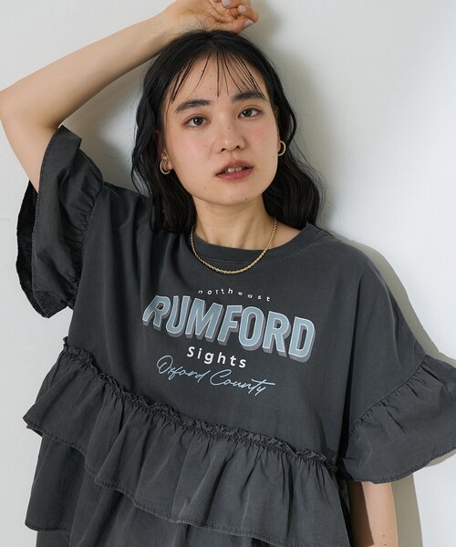 セール】ティアードフリル ロゴ切替Tシャツ/異素材ドッキングT